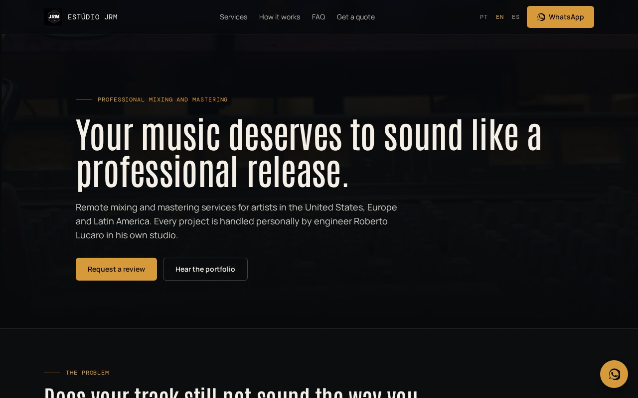 Captura da página completa do projeto Estúdio JRM — Mixing & Mastering